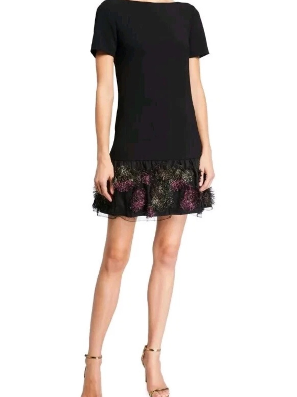 Trina Turk Black Akaibara Flounce Mini Dress with Metallic Lace Trim Size 4 EUC